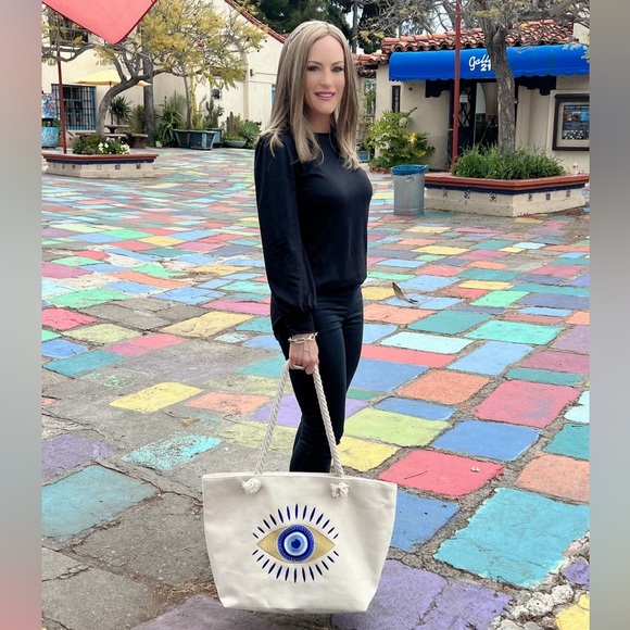 Evil Eye Green Aqua Gold Metallic Embroidered Protection Bohemian 22" Tote Bag - Picture 6 of 10